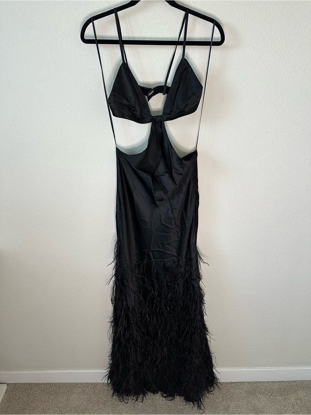 Cult Gaia Raisa Silk Satin Balck feather-embellished Maxi Dress Gown SZ S - Picture 3 of 9